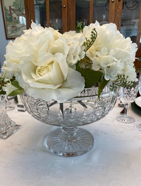 Waterford Crystal for St. Patrick's Day, Lismore, Ireland, shamrocks, Celtic flatware, more information about this table in my blog post about it: https://www.whispersoftheheart.com/blog/2020/3/4/waterford-crystal-for-st-patricks-day Crystal Bowl Centerpiece Ideas, Decorating With Crystal Bowls, Crystal Bowls Decor Ideas, Crystal Bowl Decor Ideas, Crystal Bowl Decor, Crystal Glassware Display, Crystal Table Decor, Dining Table Centerpiece Ideas, Vase Styling