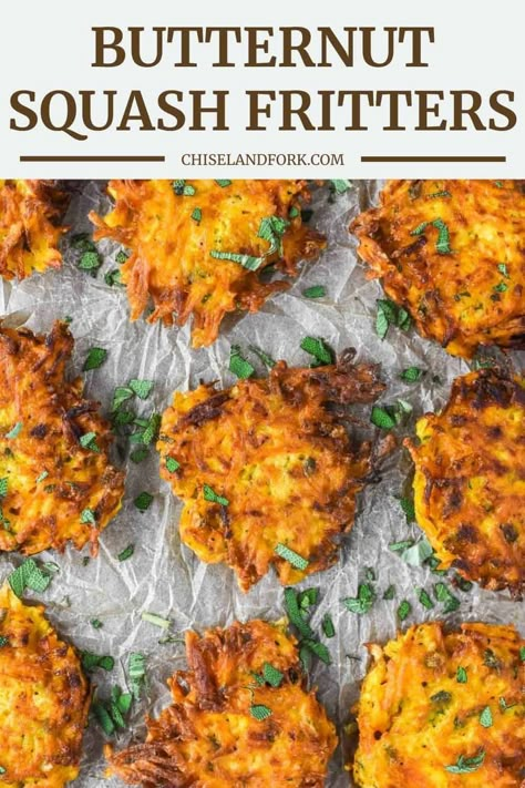 If you want to change it up for a tasty side dish, these butternut squash fritters are not only easy to prepare but will leave you wanting more. #butternutsquashfritters #fritters #butternutsquash #siderecipes | chiselandfork.com Butternut Squash Crackers, Fried Butternut Squash Recipes, Butternut Side Dish, Butternut Side Dish Recipes, Butternut Squash Fritters Recipes, Butternut Fritters Recipe, Chorizo Butternut Squash, Butternut Squash Patties, Fresh Butternut Squash Recipes