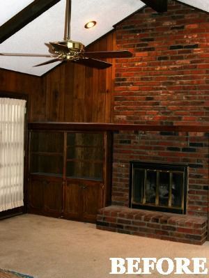 Dark Living Room Before-and-After - Home Makeover Ideas Fireplace With Wood Paneling Wall, Fireplace Before And After, House Flipping Before And After, Fireplace Makeover Before And After, Update Brick Fireplace, Fireplace Bricks, Before And After Fireplace, Fireplace Painting, Fireplace Makeovers