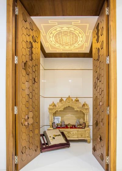 35 Serene Puja Room Designs Exterior Design Restaurant, Wooden Temple For Home, Interior Decoration Ideas, Puja Mandir, Bedroom Pop Design, Interior Room Decoration, Interior Shop, Temple Design For Home, Pop Ceiling Design