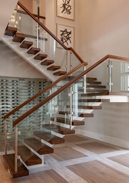 Stainless Steel And Glass Stair Railing, Glass Staircase Railing Stainless Steel, Staircase Design Glass Railings, Stainless Steel Staircase Design, Modern Stair Railing Stainless Steel, Stairs Glass Railing Design, Glass Stairs Design Modern, Glass For Stairs, Railing Design Stairs