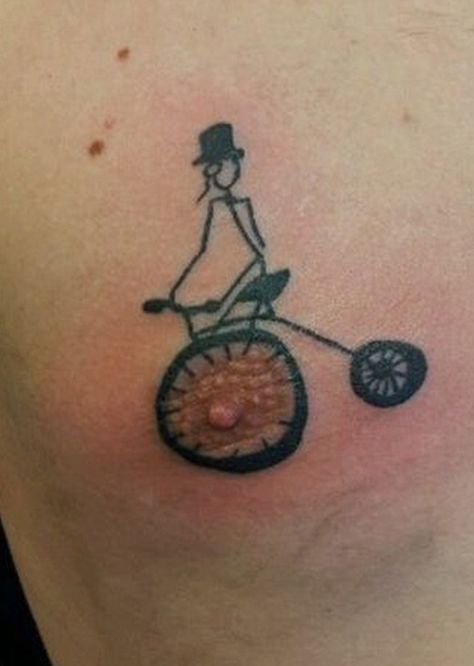 "By, Jove... I think I'll take the nipple for a spin." Really Bad Tattoos, Bike Funny, Terrible Tattoos, Krishna Tattoo, No Regrets Tattoo, Shoulder Bones, Bone Tattoos, Tattoo Fails, Weird Tattoos