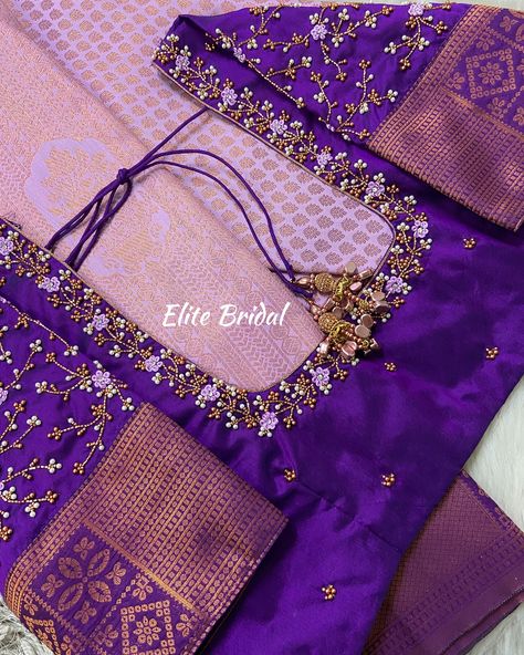 Customised floral Aari embroidery hand work blouse by elite bridal 💜✨ Work Sarees For Wedding, White Pearl Bead Aari Work Blouse Design, Embroidery Designs Aari Work, Not Work Blouse Design, Bridal Back Blouse Designs, Blouse Back Work Designs, New Design Aari Work Blouse, Aari Work For Bridal Blouse, Full Maggam Work Blouse Designs