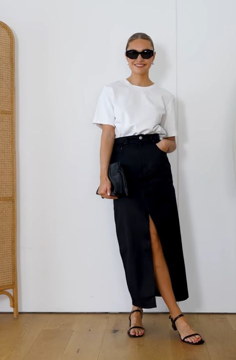 Black Denim Skirt Outfit Summer, Jean Skirt Outfits Summer, Denim Skirt Outfit Summer, Denim Midi Skirt Outfit, Black Denim Skirt Outfit, Long Denim Skirt Outfit, Black Denim Midi Skirt, Dark Skirts, Spring Skirt Outfits