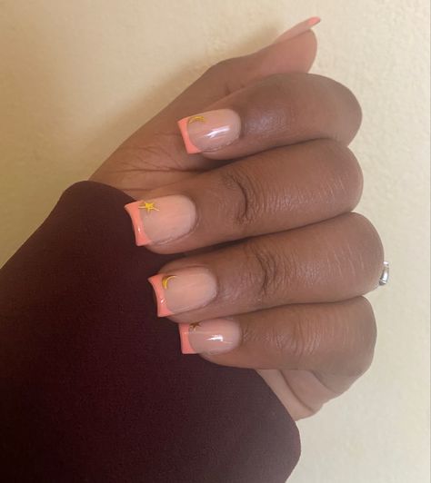 Coral French Tip Nails Square, Peach Nails French Tip, Coral French Nails, Coral French Tips, Coral French Tip Nails, Short Nail Inspi, Bright Coral Nails, Ruby Nails, Vowel Renewal