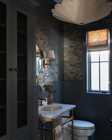 ice blue bathroom All Blue Powder Room, Slate Blue Powder Room, Blue Wainscoting Bathroom, Black White And Blue Bathroom, Ice Blue Bathroom, Dark Blue Bathroom Tiles, Navy Blue Powder Room, Deep Blue Bathroom, Moody Blue Bathroom