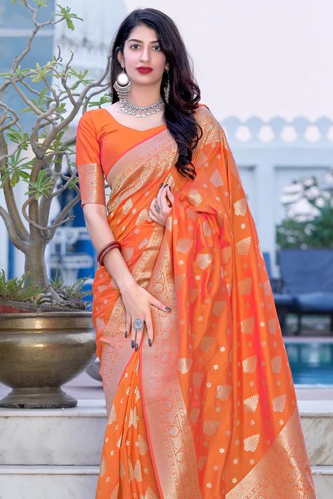 Zinnia Orange Banarasi Saree Indian Sari Dress, Orange Saree, Designer Silk Sarees, Saree Designs Party Wear, Indian Sarees Online, Orange Colour, Party Wear Lehenga, Art Silk Sarees, Indian Designer Outfits