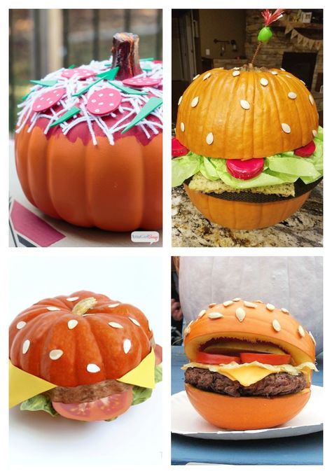 When a traditional Jack-o'-lantern won't cut it, try one of these creative pumpkin decorating ideas instead. Pizzas, ice cream, doughnuts and more -- you'll be amazed by these these decorated pumpkins that look like food. Pizza Pumpkin Painted, Creative Pumpkin Decorating Ideas, Scarecrow Contest, Calabazas Halloween, Pumpkin Painting Party, Pumpkin Pizza, Pizza Fruit, Decorated Pumpkins, Pumpkin Decorating Diy