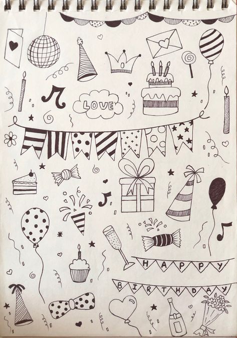 Doodle For Boyfriend's Birthday, Doodle Cards Birthday, Happy Birthday Easy Drawings, Cute Birthday Doodles Easy, Simple Birthday Doodles, Funny Birthday Drawing Ideas, Small Birthday Drawings, Birthday Decoration Drawing, Drawing Ideas Easy Birthday