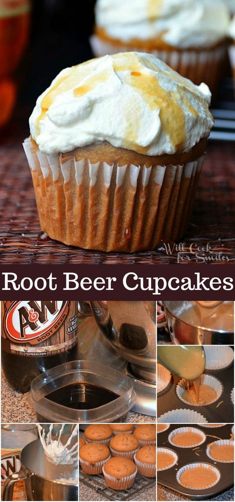 Root Beer Cupcakes with Cream Soda Frosting! Delicious cupcakes made with a reduction of root beer for a stronger flavor and topped with whipped frosting flavored with a reduction of cream soda. These two flavors compliment each other very nicely. #cupcakes #rootbeer #frosting #creamsoda #dessert Soda Frosting, Root Beer Cupcakes, Beer Cupcakes, Whipped Frosting, Delicious Cupcakes, Thai Chicken, Cream Soda, Yummy Cupcakes, Yummy Sweets