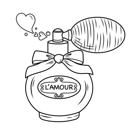 Vector illustration of retro perfume bottle with pom pom. Romantic doodle sketch of love scent for valentine's day Perfume Drawing Sketches, Perfume Bottle Drawing, Perfume Sketch, Perfume Drawing, Retro Perfume, Bottle Drawing, Sketches Of Love, Doodle Sketch, Cool Sketches