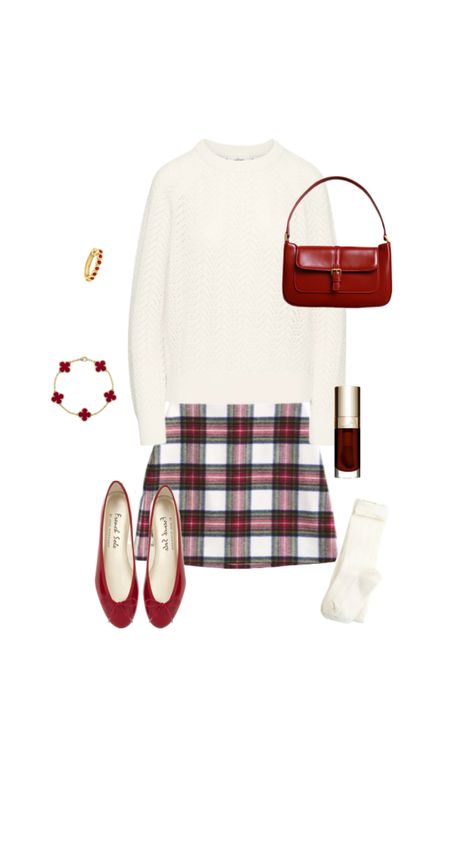 outfit inspo, outfit idea, holiday fashion inspiration, christmas day outfit shuffles, xmas fashion inspo, xmas skirt, sweater, cherry red bag Xmas Day Outfit, Xmas Day Outfit Ideas, Outfit Shuffles, Xmas Fashion, Skirt Sweater, Christmas Day Outfit, Red Bag, Inspo Outfit, Preppy Aesthetic