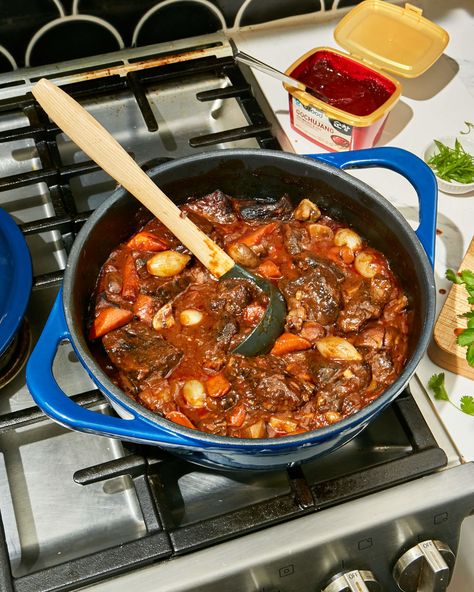 The classic French beef stew, reimagined with an extra oomph of spice from gochujang, a korean chile paste. Spicy Beef Stew, French Beef Stew, Roasted Tomato Pasta, Full Meals, Classic Beef Stew, Beef Bourguignon, Spicy Beef, Beef Stew Recipe, Stew Recipe