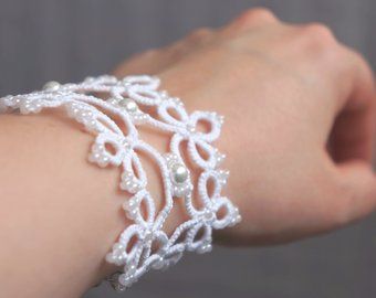 This item is unavailable Bracelet For Bride, French Romance, Needle Tatting Patterns, Accessories Bride, Bride Bracelet, Shuttle Tatting Patterns, Tatting Earrings, Pearls Wedding, Crochet Jewelry Patterns