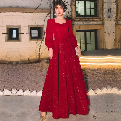 Mid Length Bridesmaid Dresses With Sleeves, Simple Gowns Dresses Elegant, Red Gowns Elegant, Red Sequin Dress Long, Dresses Long Sleeve Elegant, Evening Dresses Long Sleeve, Women Evening Dresses, Evening Wear Dresses, Girls Formal Dresses