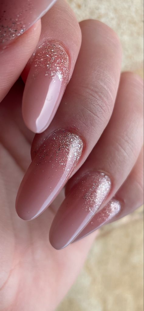 Mauve Holiday Nails, Cuticle Glitter Nails, Nude Party Nails, Nails For Marriage, Marriage Nails Art Designs, Pink Nude Glitter Nails, Nail Extension Designs Nude Color, Nude With Glitter Nails, Nude Pink Nails With Glitter