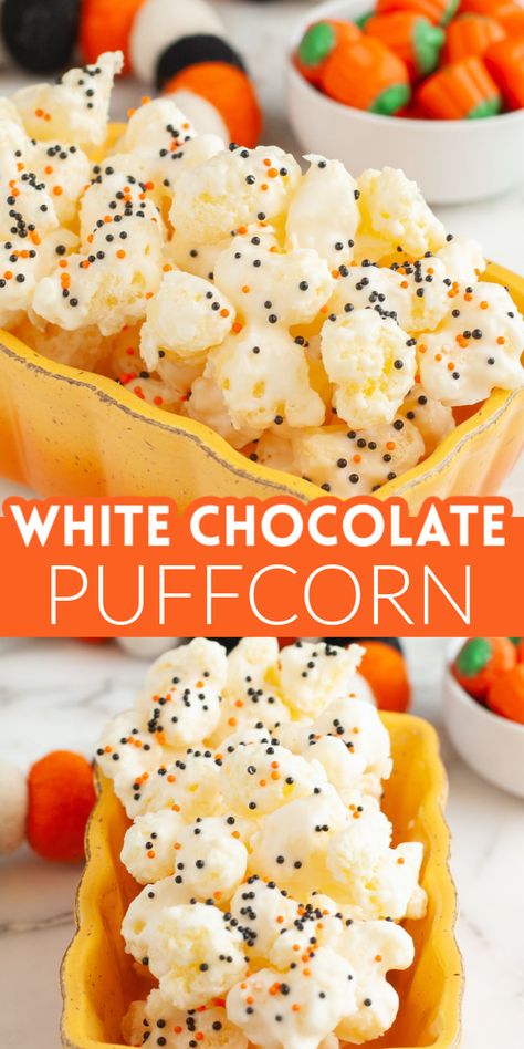 Learn how to make this easy, 3 ingredient Halloween white chocolate puffcorn snack. This puffed corn recipe is a sweet and salty snack with fun Halloween sprinkles. Try making white chocolate covered puffcorn for parties or a fun treat to give away. White Halloween Treats, White Chocolate Corn Puffs, Puffed Popcorn White Chocolate, Hulless Popcorn White Chocolate, White Chocolate Puff Corn, Puff Popcorn White Chocolate, Puffed Corn White Chocolate, Chocolate Covered Puff Corn, Caramel Corn Puffs