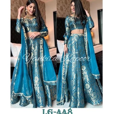 Indian Reception Dress, Indian Skirt And Top, Fancy Lehenga, Brocade Lehenga, Lehenga Choli Designs, Ghaghra Choli, Silk Lehenga Choli, Haldi Outfit, Indian Skirt