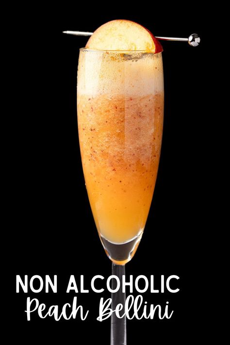 Virgin Peach Bellini Recipe, Non Alcoholic Bellini, Peach Drink Recipes Nonalcoholic, Peach Bellini Mocktail Recipe, Peach Drinks Non Alcoholic, Peach Mocktail Non Alcoholic, Peach Bellini Mocktail, Bellini Mocktail, Peach Bellini Recipe