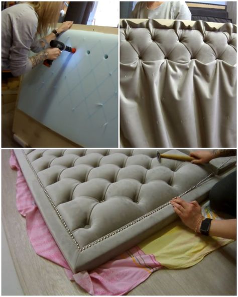 Headboard in a soft frame with a diamond tufted pattern | diamond | Headboard in a soft frame with a diamond tufted pattern | By MetDaan Creative | Facebook | Add a touch of felicans to your bedroom with a diamond tufted headboard. Such an addition would certainly provide with a comfortable backrest. This tutorial will take you through each step of this project. So take note and enjoy. Drilling the holes of the headboard following the outline. Attaching the covering layer and stitching it into p Diamond Headboard Bedroom, Tuffed Headboard, Make A Padded Headboard, Tufted Headboard Bedroom, Tufted Headboard Tutorial, Pattern Headboard, Diy Tufted Headboard, Diamond Tufted Headboard, Mantel Ideas