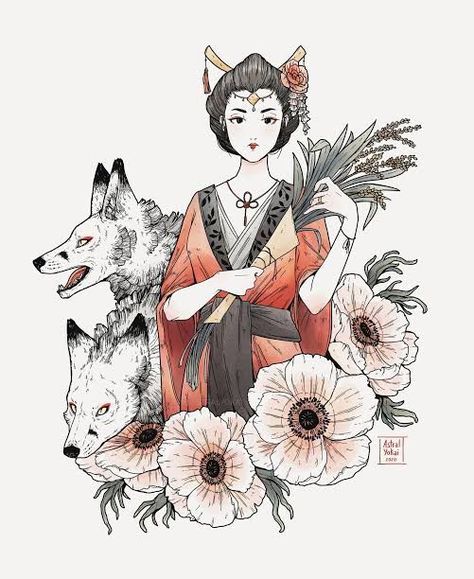 Japanese Kami, Inari Okami, Fox Artwork, Japanese Mythology, Mythology Tattoos, Japanese Folklore, Chinese Mythology, Penny Black, Japanese Tattoo