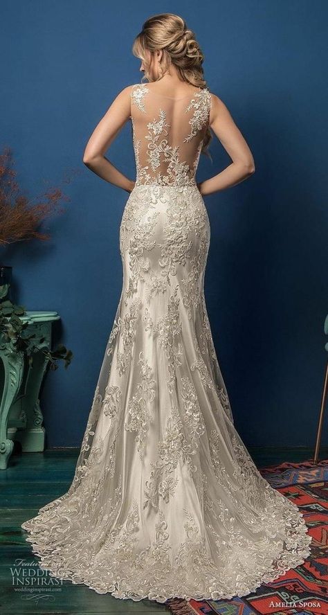 Amelia Sposa Wedding Dresses, Lace Sheer Wedding Dress, Lace Fit And Flare Wedding Dress, Illusion Back Wedding Dress, Cream Wedding Dress, Form Fitting Wedding Dress, Wedding Dress Sheer, Flare Wedding Dress, Indian Wedding Gowns