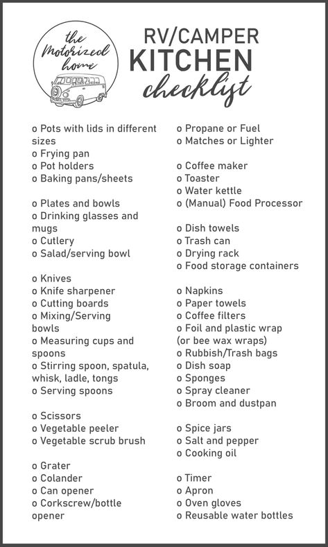 Motorhome Outdoor Setup, New Camper Checklist, Camper Checklist, Kitchen Checklist, Travel Trailer Organization, Accessories Guide, Rv Camping Checklist, Camper Rental, Rv Dreams