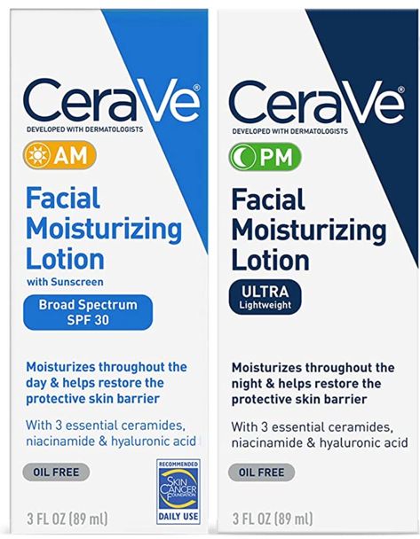 [AM/PM FACIAL MOISTURIZING PACK] Includes CeraVe AM Facial Moisturizing Lotion with Broad Spectrum SPF 30 and CeraVe PM Facial Moisturizing Lotion [AM FACIAL MOISTURIZER] With Broad Spectrum SPF 30 moisturizes throughout the day & helps restore the protective skin barrier [PM FACIAL MOISTURIZER] With Niacinamide moisturizes throughout the night & helps restore the protective skin barrier [HYALURONIC ACID] Helps retain skin's moisture . Cerave Facial Moisturizing Lotion, Lotion Skin Care, Cerave Moisturizer, Facial Lotion, Skin Care Lotions, Moisturizing Lotion, Face Lotion, Facial Moisturizers, Moisturizer With Spf