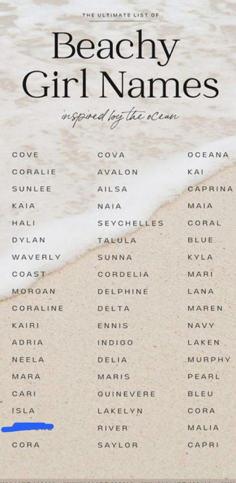 Preppy Last Names, Ocean Last Names, Sea Names Girl, Water Names Girl, Beach Names Ideas, Ocean Names Girl, Ocean Themed Names, Coastal Baby Names, Ocean Boy Names