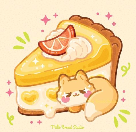 Milk Bread Studio Art, Cute Food Art Wallpaper, Cute Orange Drawing, Cute Aesthetic Food, Lemon Cute, Fox Food, Pie Drawing, Cute Fox Drawing, Desserts Drawing