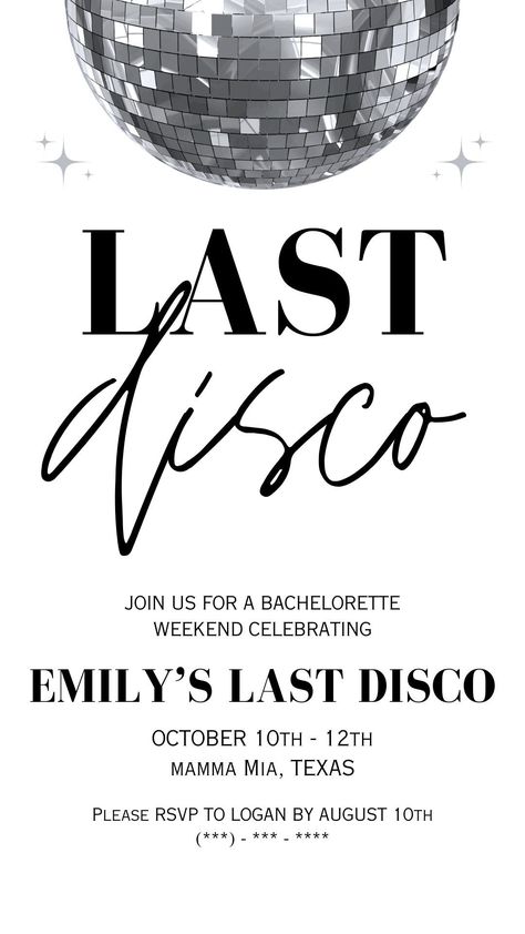 Custom Last Disco Bachelorette Party Invites and Event Details! Disco Theme Party Invitations, Invitation Disco Party Birthday, The Last Disco Bachelorette, Party Ideas Disco, Disco Invitations, Disco Party Invitations, Disco Party Ideas, Disco Ideas, Bachelorette Party Invites