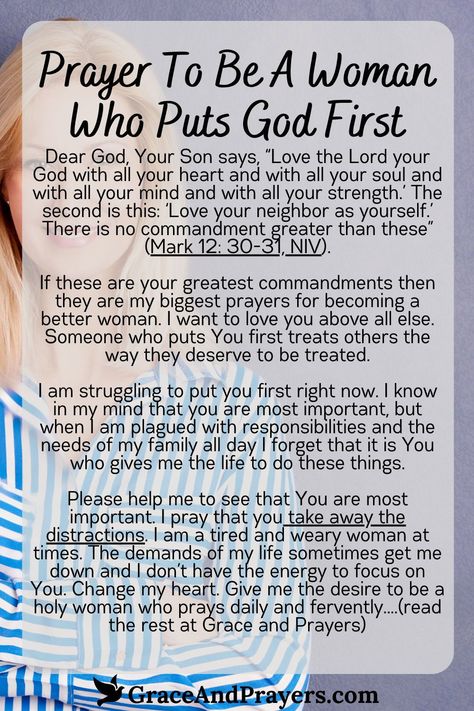 To be a woman who places God first is a noble and fulfilling pursuit, requiring dedication, humility, and the constant seeking of God’s presence.  Walk in faith and grace, making every decision a reflection of your commitment to Him. Discover more prayers for dedication and faithfulness at Grace and Prayers. Lovely Lady Dressed In Blue Prayer, Prayers For Education, How To Pray For Someone, Prayer For Purpose, How To Meditate On The Word Of God, Acts Prayer Method, How To Be A Godly Woman, Prayer Board Inspiration, Woman Of God Quotes