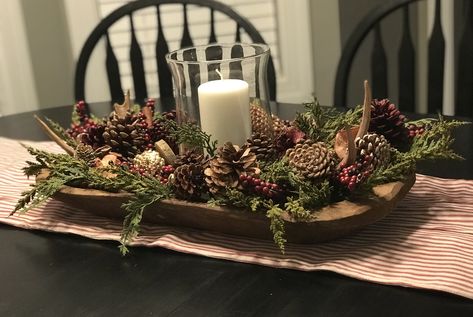 Wood Dough Bowl Centerpiece Christmas, Xmas Dough Bowl Ideas, Dough Bowl With Christmas Trees, Hobby Lobby Dough Bowl Decor, February Dough Bowl Decor, Dining Table Dough Bowl Centerpiece, Wood Dough Bowl Decor Ideas, Dough Bowl Painting Ideas, Christmas Doughbowl Centerpiece