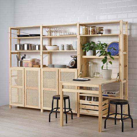 Ikea Wooden Shelves, Ikea Ivar Shelves, Dapur Ikea, Ivar Regal, Painted Table Tops, Bamboo Weave, Mini Studio, Wood Shelving Units, Ikea Ivar