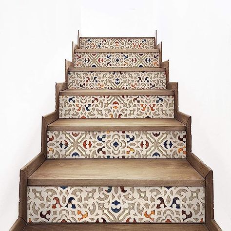 Amazon.com: AMAZING WALL Talavera Spanish Bohemian Tiles Style Stairs Self Adhesive Decoration Wall Sticker Set 6pcs : Tools & Home Improvement Spanish Bohemian, Vinyl Stair Risers, Stair Riser Vinyl, Bohemian Tiles, Vinyl Stairs, Stair Decals, Decorating With Sticks, Stairs Renovation, Peel And Stick Tiles