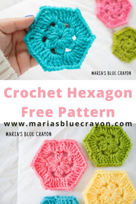 Crochet Hexagon Pattern - Maria's Blue Crayon Crochet Hexagon Blanket Pattern Free, Scrap Crochet Blanket, Crochet Tote Bags Free Patterns, Crochet Hexagon Pattern, Scrap Blanket, Crochet Tote Bags, Crochet Hexagons, Crochet Hexagon Blanket, Hexagon Crochet Pattern