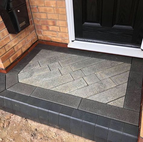 Marshalls metro step | Front door steps, Porch tile, Modern front porches Outside Tiles Front Porches, Verandah Tiles, Tiled Entrance, Porch Tiles, Concrete Front Steps, Front Window Design, Front Door Step, Entrance Stairs, Front Garden Ideas Driveway