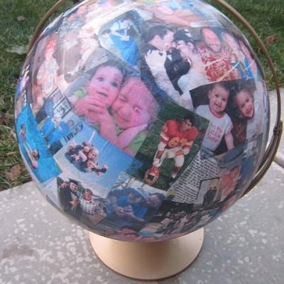 Tissue Photo Globe! This is a little challenging.  If you don't want to print on tissue paper, just do it on regular paper.  Still works!  Globe: You probably have one in your basement or you can pick one up at pretty much every yard sale!: $3  Gesso at any craft store: $5  Tissue paper at dollar store:$2...buy two  Total: $10 Old Globe, Family Collage, Birthday Week, A Globe, Cadeau Couple, Photo Craft, Diy Birthday, Birthday Gift Ideas, Birthday Presents