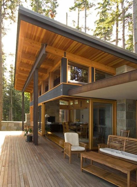 A House In The Woods, Chalet Modern, Backyard Seating Area, Pelan Rumah, Contemporary Patio, Backyard Seating, Roof Styles, Casa Container, Ideas Backyard