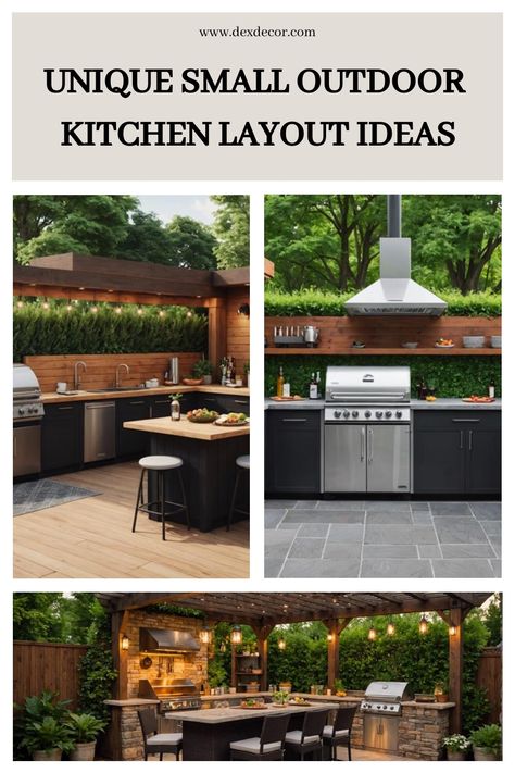 Unique outdoor kitchen layout ideas showcasing stylish designs with modern appliances and lush greenery. Mini Outdoor Kitchen Small Spaces, Simple Outdoor Kitchen On A Budget, Outdoor Kitchen Simple, Small Outdoor Kitchen Design Layout, Outdoor Kitchen Layout, Kitchen Flooring Trends, Small Outdoor Kitchen Design, Modern Kitchen Layout, Design Layout Ideas