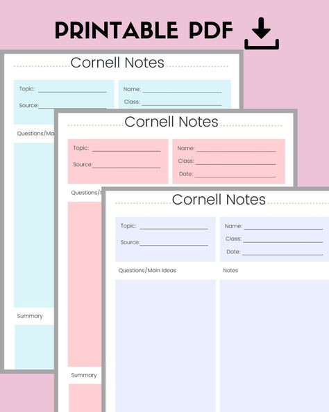 BUNDLE Printable Cornell Notes, Student Lecture Notes, Cornell Notes, digital download,printable,notes,note taking,notes template by HartfordHustlePrints on Etsy Note Paper Printable, Cornell Method, Notes Cornell, Cornell Notebook, Printable Notepad, Study Exam, Notes Digital, Paper Templates Printable, Cornell Notes