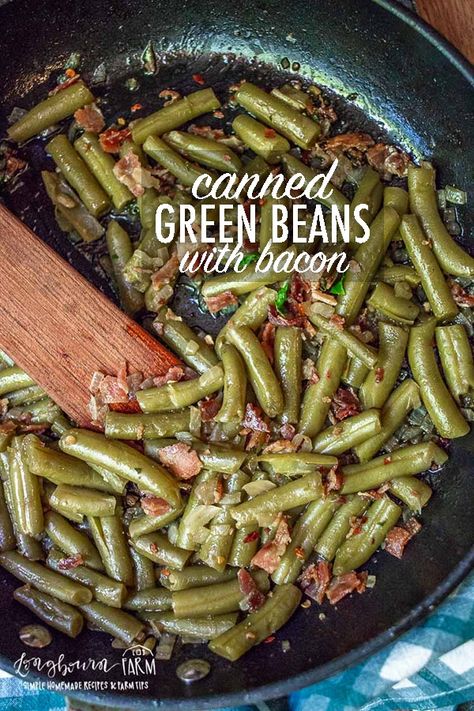 Canned green beans don't have to be boring! Add onions and bacon to kick up this pantry staple a few notches. This is a family favorite!! #greenbeans #bacon #onions #greenbeanswithbacon #cannedgreenbeans #cannedgreenbeaswithbacon #baconrecipes #sidedish #onionsandbacon #sautedveggies #sidedish Easy Green Beans With Bacon, Keto Canned Green Bean Recipes, Green Beans With Onions And Bacon, Bacon Onion Green Beans, Green Beans Onions And Bacon, Greenbeans Bacon Onion, Canned Green Bean Recipes With Bacon, Southern Green Beans Canned, Sauteed Canned Green Beans