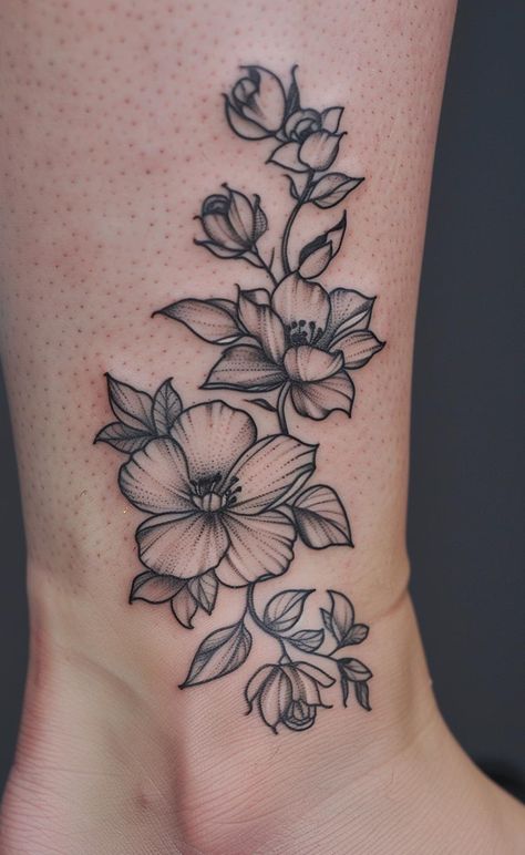 Adorn your skin with the essence of resilience and growth, beautifully encapsulated in this floral ankle tattoo. Let every intricate petal and leaf remind you of your blooming journey. Save this inspiration and follow for more artful expressions. #TattooArt #FloralDesign #SelfExpression #AnkleTattoo #GrowthSymbolism #ResilienceInInk #SaveAndFollow #AiImage Flower Cluster Tattoo, Floral Ankle Tattoo, Fineline Tattoo, Nature Tattoo, Nature Tattoos, Ankle Tattoo, First Tattoo, Tattoo Inspo, Arm Sleeve