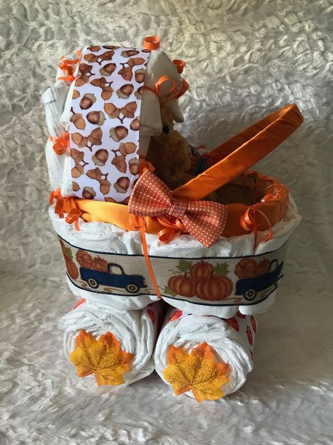 Fall Baby Shower Diaper Cakes, Halloween Diaper Cake, Pumpkin Diaper Cake, Fall Diaper Cake, Thanksgiving Baby Shower, Pumpkin Theme Baby Shower, Girl Gift Baskets, Diaper Gifts, Baby Shower Baskets