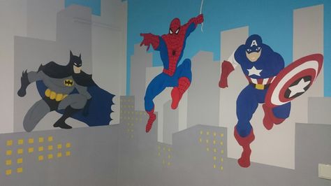 #mural #Bedroomideas #Spider-Man #CaptainAmerica #Batman Bath In Bedroom, Princess Mural, Spiderman Bedroom, Boys Room Mural, Spiderman Room, Bedroom Interior Design Ideas, Superhero Bedroom, Bedroom With Bath, Superhero Room