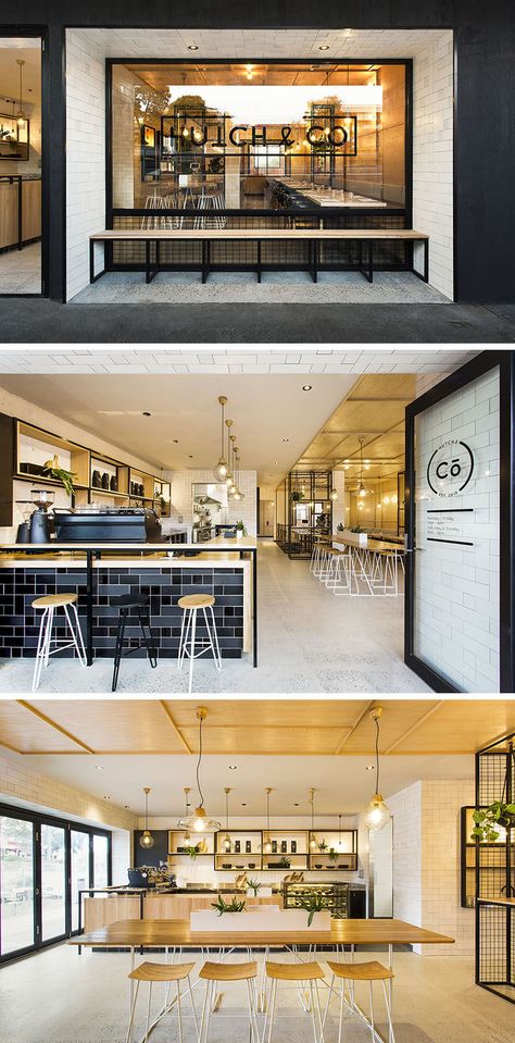 Biasol designed Hutch & Co, a cafe and restaurant in Melbourne, Australia, that combines black elements like window frames, tiles and metal work with light wood and white furniture, and concrete floors. Wood Cafe, Modern Coffee Shop, Café Design, Design Café, Plafond Design, Coffee Shops Interior, 카페 인테리어 디자인, Restaurant Lighting, Shop Layout