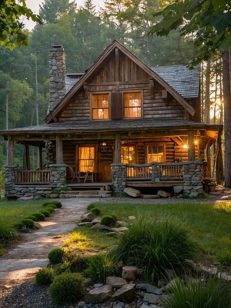 Cottage Core Log Cabin, Small Wood Cabin, Cottages In The Woods, Winter Cabin Exterior Big, Wooden Cabin In Forest, Isolated Cabin In The Woods, Cabin Porch, Cabin Style Homes, Hewn Log Cabin