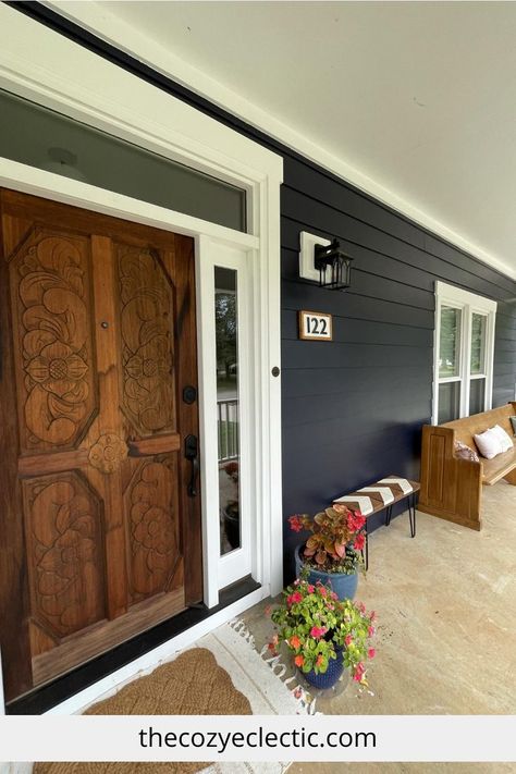 Dark blue exterior front porch Sherwin Williams Anchors Aweigh, Navy Blue Exterior House Colors, Navy Exterior House Colors, Home Exterior Color Ideas, Navy Blue House Exterior, Exterior Color Ideas, Navy House Exterior, Navy Blue House, Blue Exterior House Colors