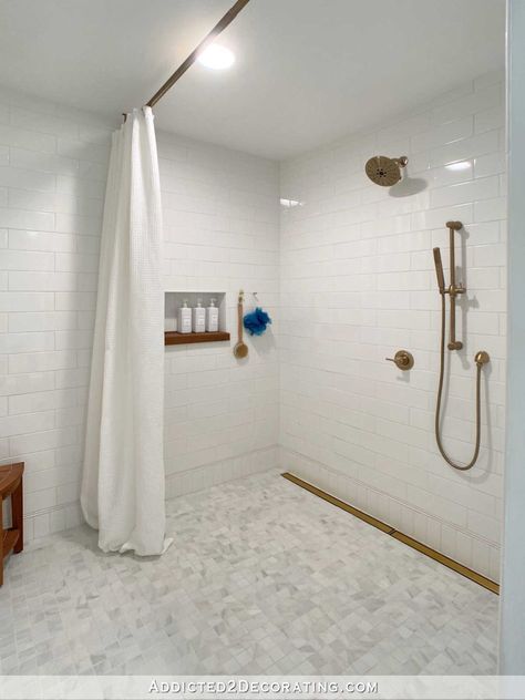 Our Master Bathroom Shower Is Finished! - Addicted 2 Decorating® Cheap Remodel, Teak Shower Stool, Red Oak Hardwood Floors, Huge Shower, Accessible Bathroom, Door Casing, Porch Steps, Wheelchair Accessible, Large Shower