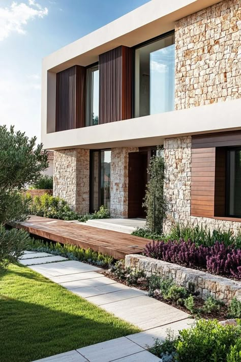 Modern terrace house facade with rustic stone cladding mediterranean front garden. You must see all of these fresh and fun terrace houses and townhouses that are the envy of the street! Travertine House Facade, Stone And Wood Facade, House Stone Exterior Ideas, Rustic Modern Home Exterior, Wood And Stone House Exterior, Modern Rustic House Exterior, Mediterranean Contemporary House, Contemporary Tuscan Home, Modern Tuscan House